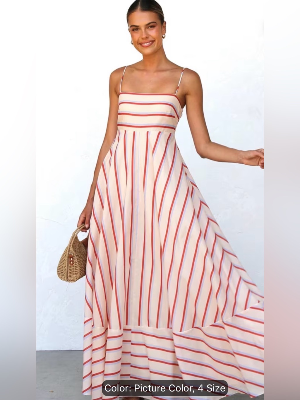 Striped Spaghetti Strap Maxi Dress - Cream With Red & Blue Stripes